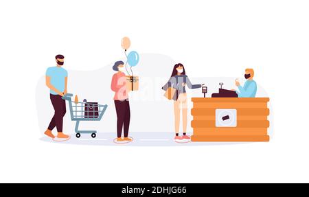 Eine Gruppe von Leuten hält den Abstand an der Kasse in einem Geschäft. Vektorgrafik Stock Vektor