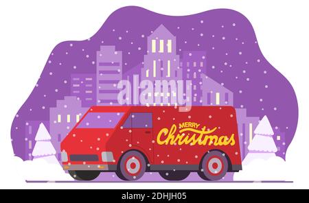 Lieferwagen für Weihnachten. Neujahr s Frachtauto. Winter City Skyline Stadtlandschaft fallender Schnee. Stock Vektor