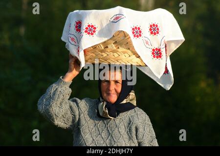 Olt County, Rumänien. Ältere Frau, die einen Radkasten mit Almosen auf dem Kopf trägt. Stockfoto