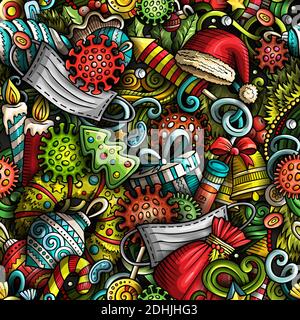 Cartoon niedliche Kritzeleien Neujahr und Coronavirus nahtlose Muster Stock Vektor