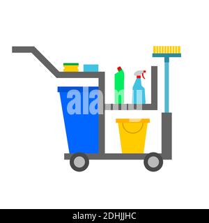 Reinigungswagen. Reinigungswagen. Eimer, Besen, Reinigungsmittel, Schwamm, Lappen, Desinfektionsmittel. Weißer Hintergrund. Hausmeisterausrüstung. Zimmerreinigung. Vektor Stock Vektor