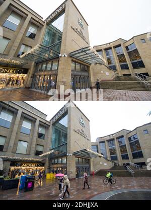 Glasgow, Schottland, Großbritannien. Dezember 2020. Im Bild: Buchanan Galleries Shopping Centre; (Links) Bild aufgenommen am 10. Dezember. (Rechts) Aufnahme heute, 11. Dezember. Zusammengesetzte Bilder, die 24 Stunden voneinander entfernt aufgenommen wurden, zeigen Glasgows Stadt ‘style Mile', die Buchanan Street, und zeigen die ruhigen Szenen, als sie am 10. Dezember 2020 in Phase 4 gesperrt wurde. Heute, 11. Dezember, ist Glasgow in Phase 3 gesperrt, wo alle nicht wichtigen Geschäfte geöffnet sind, so dass Käufer die Möglichkeit haben, ein Last-Minute-Schnäppchen für Weihnachten zu ergattern. Quelle: Colin Fisher/Alamy Live News Stockfoto