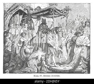 19. Jahrhundert Illustration von Karl IV (Karl IV), der Heilige römische Kaiser in Avignon zu besuchen Papst Urban V (c. 1365 ) Originalkunstwerk veröffentlicht Stockfoto
