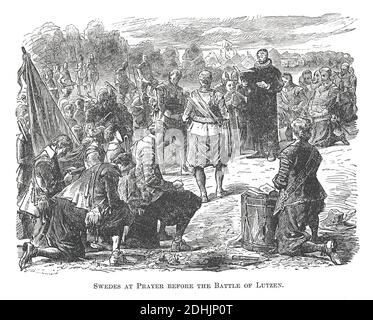 19. Jahrhundert Illustration der Schweden im Gebet vor der Schlacht von Lutzen. Die Schlacht von Lützen (1632) war eine der entscheidendsten Schlachten der Th Stockfoto