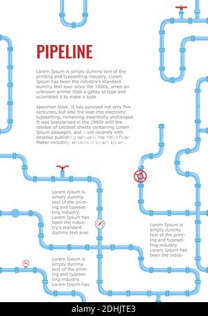 Vertikale Infografiken mit blauen Rohren für Wasser, Gas, Öl, Abwasser. Hintergrund für Flyer oder Broschüre. Vektorgrafik in einem flachen Stil. Stock Vektor