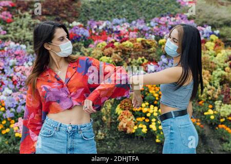 Fröhliche junge Frauen in Freizeitkleidung und medizinische Masken stoßen Ellbogen während der Begegnung im Park in der Nähe von blühenden Blumen während Coronavirus Pandemie Stockfoto