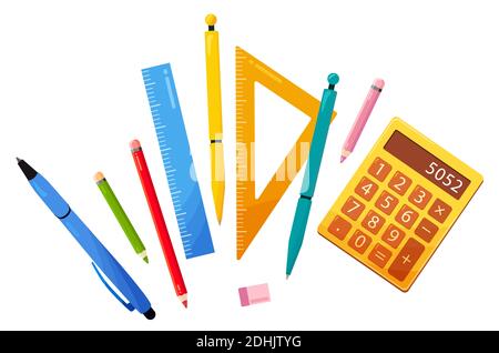 Schule oder Büro Schreibwaren für Arbeit und Studium. Auf weiß liegend, Draufsicht. Helle Objekte in flachem Stil. Stifte, Bleistifte, Lineale, Taschenrechner. vector illu Stock Vektor
