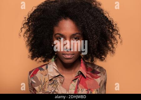 Serious African American Modell mit Afro Frisur Blick auf Kamera Auf braunem Studiohintergrund Stockfoto