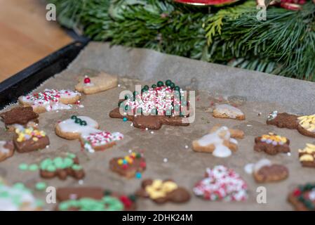 Magdeburg, Deutschland. Dezember 2020. Auf einem Tablett neben anderen Weihnachtskeksen liegt ein mit bunten Zuckerbällen und Schokolade geschmückter Weihnachtsbaum. Quelle: Stephan Schulz/dpa-Zentralbild/ZB/dpa/Alamy Live News Stockfoto