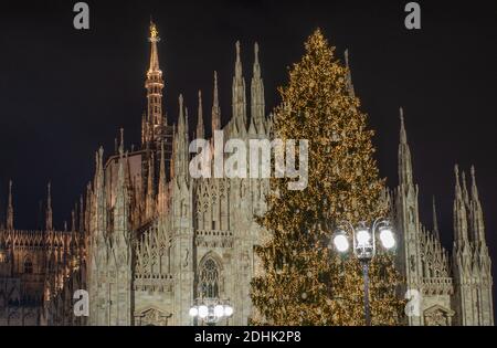 Duomo Platz im Dezember von dem großen Weihnachtsbaum beleuchtet Platziert vor der Kathedrale.Mailand, Italien Stockfoto