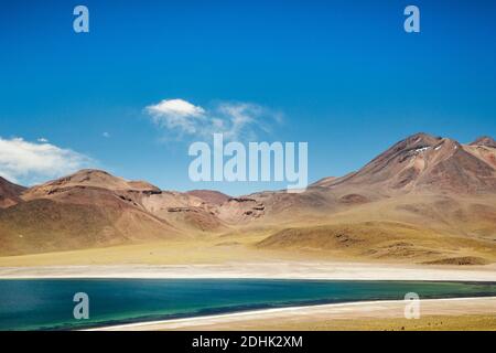 Der Vulkan Miniques erhebt sich über dem hellblauen Wasser der Laguna Miscanti San Pedro de Atacama, Andes, Chile Stockfoto