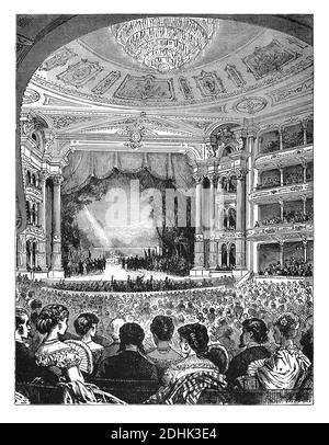 19. Jahrhundert Illustration der Etikette der Oper. Interieur der Academy of Music, Philadelphia, während einer Opernaufführung. Veröffentlicht in 'der Stockfoto