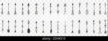 Pfeile Doodle Set. Sammlung von handgezeichneten verschiedenen eleganten Vintage-Pfeil für Bögen isoliert auf transparentem Hintergrund. Illustration des Bogenschießens und Mittel zum Schießen und Richtungszeichen Stock Vektor