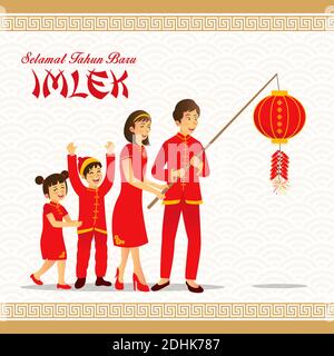 Selamat tahun baru imlek ist eine weitere Sprache des glücklichen chinesischen Neujahrs auf Indonesisch. Vektor-Illustration eine chinesische Familie spielen Feuerwerkskörper Promi Stock Vektor