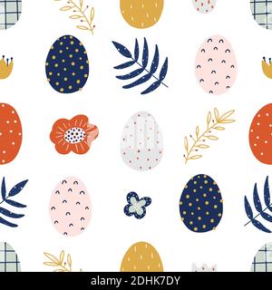 Ostern handgezeichnete bunte nahtlose Muster mit Eiern und floralen Elementen isoliert auf weißem Hintergrund. Skandinavische Vektorgrafik. Stock Vektor