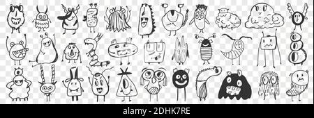 Scary Cartoon Figuren Doodle Set. Sammlung von handgezeichneten niedlichen gruseligen gruseligen Comic-Figuren mit Zähnen, Flügeln, Augen wie lustige Monster isoliert auf transparentem Hintergrund Stock Vektor