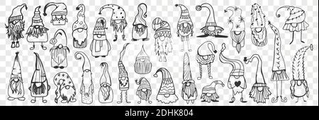 Mütze für Gnom Doodle Set. Sammlung von lustigen handgezeichneten niedlichen Gnomen Elf tragen Kappen für Augen und Gesicht isoliert auf transparentem Hintergrund. Illustration der skandinavischen traditionellen Zeichen Hut Stock Vektor