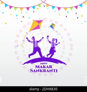 Happy Makar Sankranti Grußkarte. indische Jungen und Mädchen spielen Drachen feiern Makar Sankranti Festival Stock Vektor