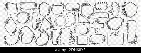 Vintage Rahmen Doodle Set. Sammlung von handgezeichneten verschiedene Formen oder Spiegel oder verschiedene Formen und Größen isoliert auf transparentem Hintergrund. Illustration von Formen mit Ästen, Blättern verziert Stock Vektor