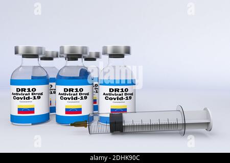 Spritze und eine Behälterflasche antivirales Medikament DR10, DR-10 Antiviruscocktail zur Behandlung der Coronavirus-Krankheit 2019 COVID-19-Virus 3D Stockfoto