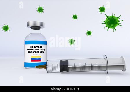 Spritze und eine Behälterflasche antivirales Medikament DR10 Antiviral Antibody Cocktail in der Behandlung von Coronavirus-Krankheit 2019 COVID-19 mit Schwebendes V Stockfoto