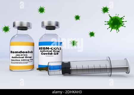 Spritze und eine Behälterflasche antivirales Medikament Regeneron REGN-COV2 antiviral Antikörper Cocktail und Remdesivir GS-5734 in der Behandlung von Coronavirus Stockfoto