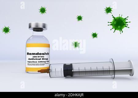 Spritze und eine Behälterflasche antivirales Medikament Remdesivir GS-5734 antiviral Antikörper Cocktail bei der Behandlung der Coronavirus-Krankheit 2019 COVID-19 w Stockfoto