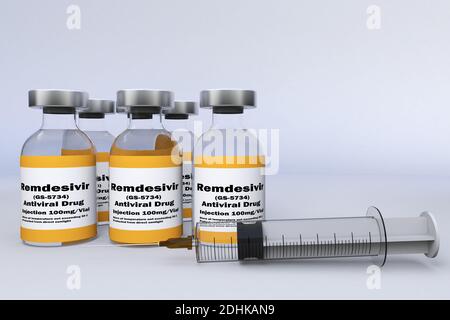 3D RENDER mit einer Spritze und einem Behälter Flaschen antivirales Medikament Remdesivir GS-5734 in der Behandlung von Coronavirus-Krankheit 2019 COVID-19. Stockfoto