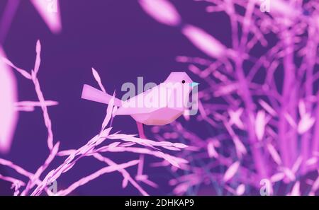 Ein niedriger poly rosa schöner Vogel sitzt auf einem Zweig rosa Baum im Märchenwald, 3d-Rendering Stockfoto