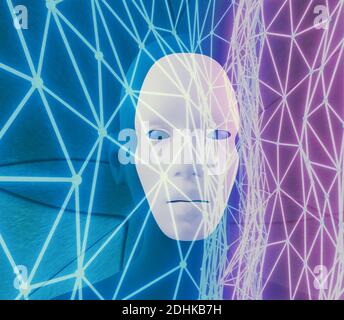 Robotergesicht, futuristischer Hintergrund, Hightech-Konzept. Künstliche Intelligenz. Ein futuristischer Geschäftshintergrund mit einem Avatargesicht. 3d-Illustrationen Stockfoto