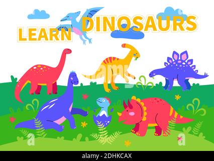 Dinosaurier lernen - farbenfrohes Plakat im flachen Design. Prähistorische Zeiten. Eine Illustration mit Ornitosaurus, parasaurolophus, Stegosaur, diplodocus und Stock Vektor