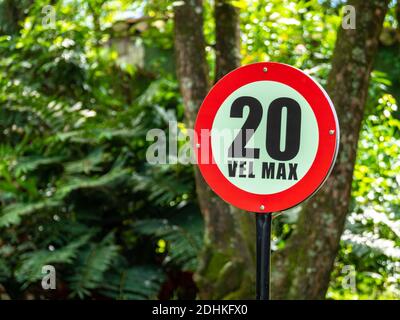 Schild Mit Der Aufschrift '20 Vel. Max' (20 Kilometer pro Stunde Höchstgeschwindigkeit) im grünen unberührten Botanischen Garten Stockfoto