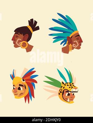 azteken Krieger Gesichter traditionelle Kopfbedeckung Federn Symbole Vektor-Illustration Stock Vektor