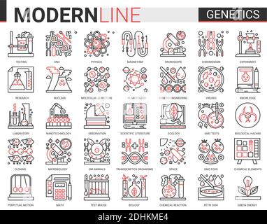 Biochemie Genetik Engineering Modifikation, menschliche DNA, Reproduktion und Klonen, Forschungslabor komplexe dünne schwarze Umrisslinie Symbole setzen Vektor-Illustration. Stock Vektor