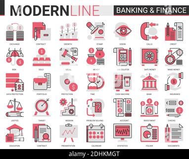 Finanz- und Bankwesen komplexe flache Linie rot schwarz Symbole Vektor Illustration Set. Kreative Website finanzielle skizzieren Symbole der digitalen Bank-Software, Rechtsversicherung und Cyber-Security-Geschäft Stock Vektor