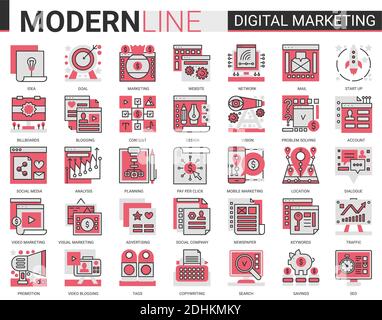 Digital Marketing Complex rot schwarz flache Linie Symbole Vektor-Illustration. Stock Vektor