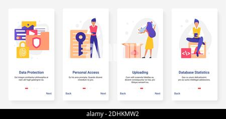 Datensicherungstechnologie, Datenbankspeicherung, Hochladen von Statistiken Vektordarstellung. Mobile App-Seite Onboard-Bildschirm mit Cartoon flache Benutzer Menschen mit Cloud-Service zum Schutz von Informationen gesetzt Stock Vektor