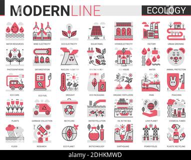 Ecology Complex Flat Line Icon Vektor Illustration Set. Rot schwarz Design-Sammlung von Ökosystemressourcen Umwelt-Symbole, Öko-Autos Häuser, moderne grüne Stadt-Technologie, um die Umwelt zu retten. Stock Vektor