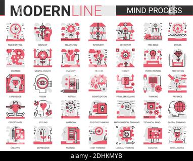 Mindprocess Complex Flat Line Icon Vektor Illustration Set. Rot-schwarze Symbole für mobile App-Website mit menschlichem Kopf in Brainstorming Verarbeitung, psychische Gesundheit Problem, Zahnrad im Gehirn Konzept. Stock Vektor