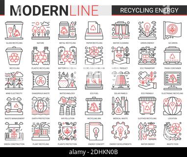 Recycling Energie rot schwarz Umriss Mini-Konzept Symbole. Erneuerbare Energie, grüne Technologie moderner Hub linearer Satz. Umweltschutz und Recycling von grünen Abfällen dünne Linien Symbole Stock Vektor