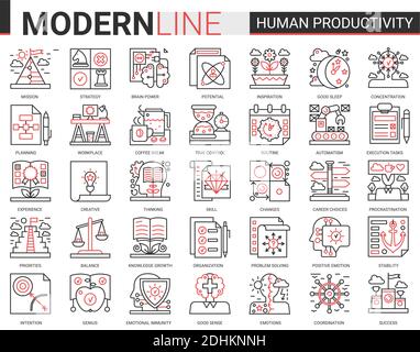 Produktivität des menschlichen Gehirns, Konzentrationskomplex rot schwarz umrandet Linie Symbole Vektor-Illustration. Stock Vektor
