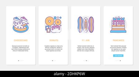 Süße Backwaren Lebensmittel Vektorgrafik. UX, UI Onboarding mobile App Seite Bildschirm mit Linie Dessert-Menü von Café Bäcker Shop oder Cafeteria, Käsekuchen, Donuts, eclair, Pfannkuchen Stock Vektor