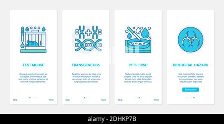 Wissenschaft Maus Test Experiment, Petrischale, Biohazard Pathogen Vektor Illustration. UX, UI Onboarding mobile App Seite Bildschirm mit Linie wissenschaftliche experimentelle Forschung in Mikrobiologie und Genetik Stock Vektor