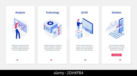 Datenanalyse intelligente Lösungen Vektor-Illustration. UX, UI Onboarding mobile App Seite Bildschirm mit Line-Service-Bericht, Analyse von Technologie für Geschäftsprozesse, Account-Datenbank-Optimierung Stock Vektor