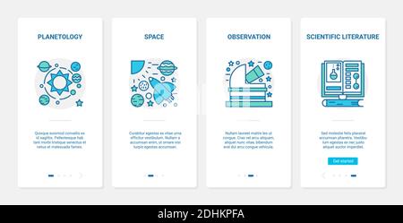 Planetologie Raumfahrt Forschung wissenschaftlichen Konzept Vektor Illustration. UX, UI Onboarding mobile App Seite Bildschirm mit Linie Raumschiff Rakete Symbole, Wissenschaft Teleskop Raum Exploration Technologie Stock Vektor