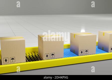 Kartons schreiten auf dem Förderband voran. 3d-Illustration. Stockfoto