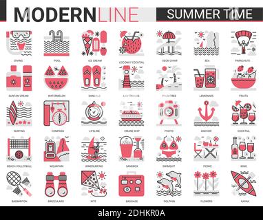 Sommerzeit Urlaub Komplex rot schwarz flache Linie Symbol Vektor Illustration Set. Website skizzieren Sommer Piktogramm App Symbole Sammlung mit Reisen oder Strand Urlaub Artikel und sportliche Aktivität. Stock Vektor