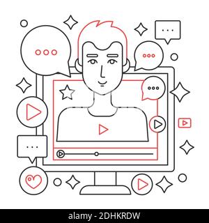 Video blogger männlich rot schwarz line Konzept. Computer-Bildschirm mit Mann Blogger. Darstellung des Anschlags für die Übertragung persönlicher Kanäle. Stock Vektor