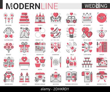 Hochzeit Komplex rot schwarz flache Linie Symbol Vektor Illustration Set. Hochzeitszeremonie und Brautparty Organisation, lineare Sammlung von Braut Kleidung, Schmuck Ringe, Kuchen Ballon Blumen Stock Vektor