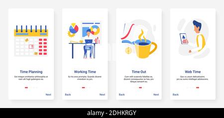 Geschäftszeitplanung Strategie für Büroarbeit und Kaffeepause Vektor Illustration. UX, UI Onboarding mobile App Seite Bildschirm mit Linienplaner gesetzt, Geschäftsmann arbeiten, um Zeit effizient zu organisieren Stock Vektor